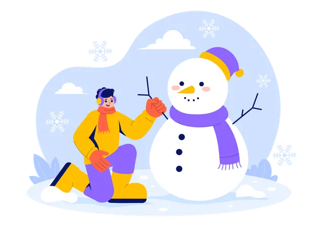 Garçon jouant avec un bonhomme de neige  Illustration