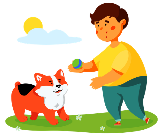 Garçon jouant avec un chien  Illustration