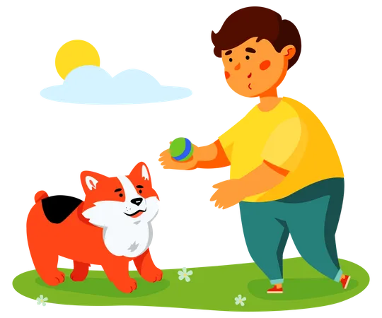Garçon jouant avec un chien  Illustration