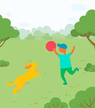 Garçon jouant avec un chien dans le parc  Illustration