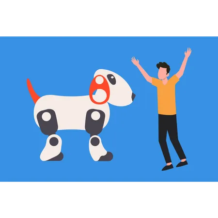 Garçon jouant avec un chien robot  Illustration