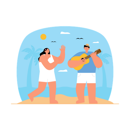 Garçon jouant de la guitare à la plage pour sa petite amie  Illustration