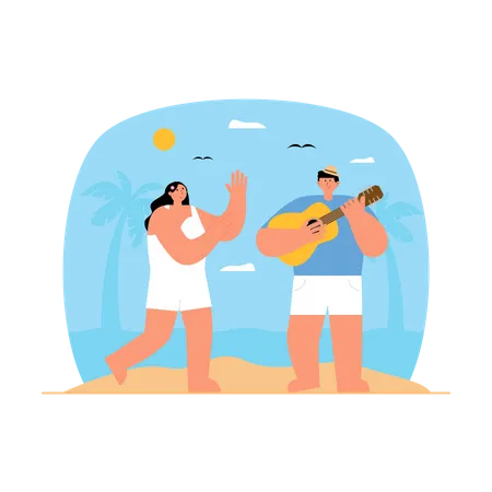 Garçon jouant de la guitare à la plage pour sa petite amie  Illustration