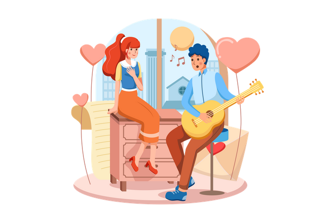 Garçon jouant de la guitare et chantant une chanson d'amour à sa belle petite amie le jour de la Saint-Valentin  Illustration