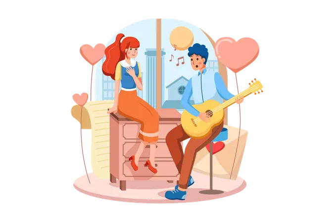 Garçon jouant de la guitare et chantant une chanson d'amour à sa belle petite amie le jour de la Saint-Valentin  Illustration