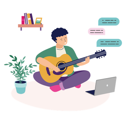 Garçon jouant de la guitare pour le public en ligne  Illustration