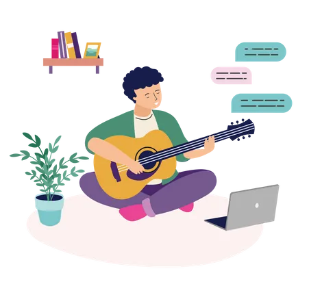 Garçon jouant de la guitare pour le public en ligne  Illustration