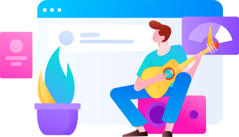 Garçon jouant de la guitare tout en regardant un rapport d'activité en ligne  Illustration