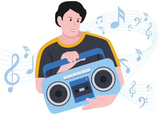 Garçon jouant de la musique sur Soundbox  Illustration