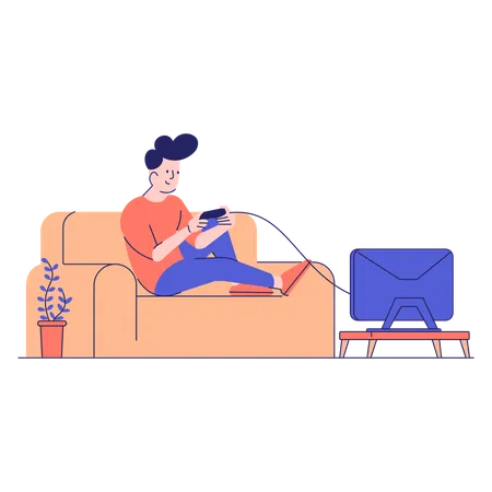 Un garçon joue à un jeu en ligne à la maison  Illustration