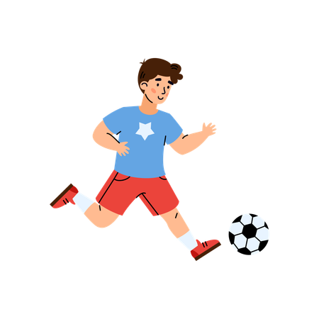 Un garçon joue au football et frappe un ballon de football  Illustration