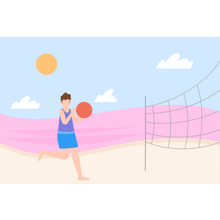 Le garçon joue au volley-ball sur la plage  Illustration