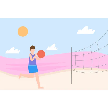 Le garçon joue au volley-ball sur la plage  Illustration