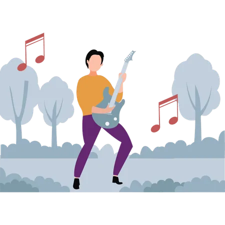 Le garçon joue de la guitare dans la forêt  Illustration