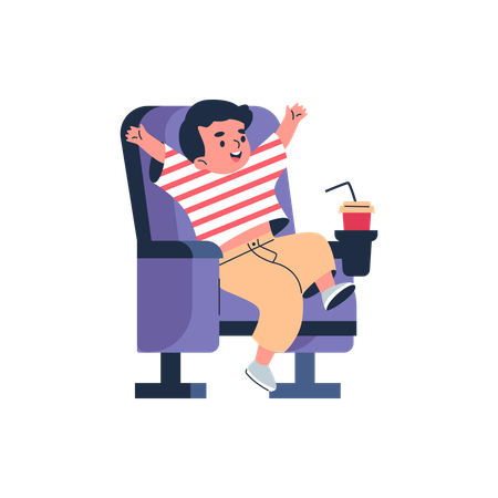 Garçon joyeux assis sur une chaise avec une boisson  Illustration