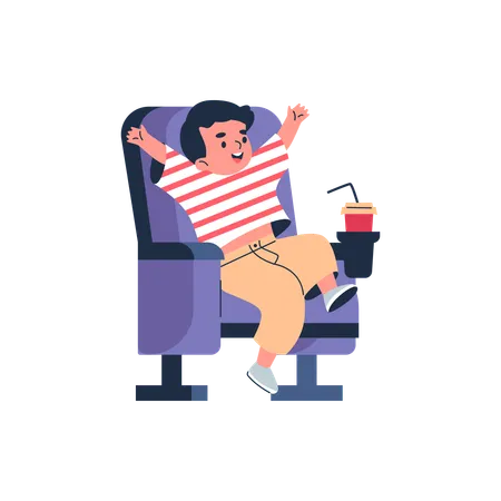 Garçon joyeux assis sur une chaise avec une boisson  Illustration