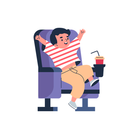 Garçon joyeux assis sur une chaise avec une boisson  Illustration