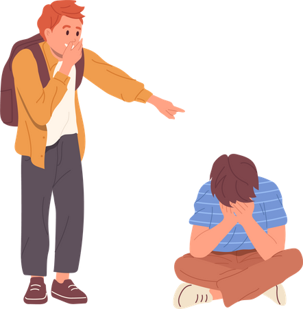 Garçon jubilatoire riant en colère montrant une relation négative pointant vers un camarade de classe bouleversé et stressé  Illustration