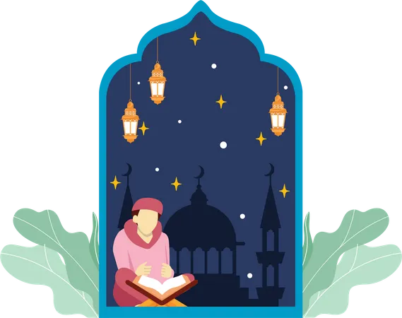 Un garçon a lu le Coran pendant la nuit du Ramadan  Illustration