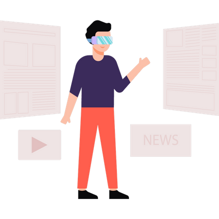 Garçon lisant des nouvelles à travers des lunettes VR  Illustration