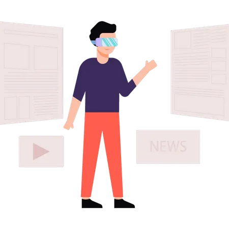 Garçon lisant des nouvelles à travers des lunettes VR  Illustration