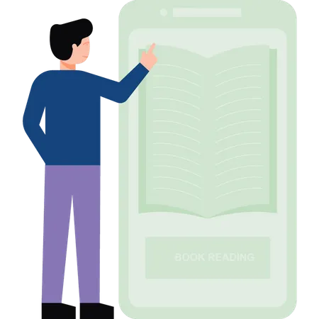 Garçon lisant un livre sur mobile  Illustration