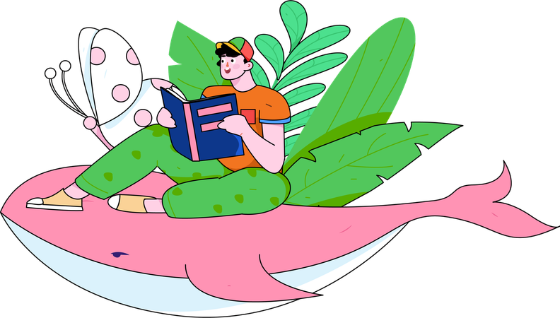 Garçon lisant un livre dans le jardin  Illustration