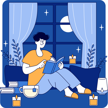 Un garçon lit un livre tout en prenant un café à minuit  Illustration