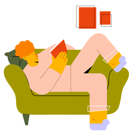 Garçon lisant un livre tout en se relaxant sur un canapé  Illustration