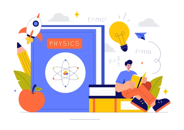 Un garçon lit un livre de physique  Illustration