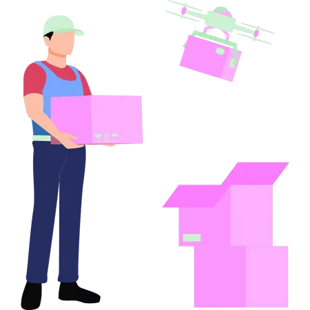 Garçon livrant des cartons par drone  Illustration