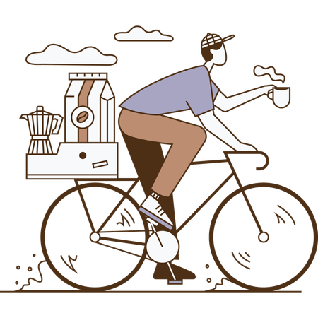 Un garçon livre du café chaud à vélo  Illustration