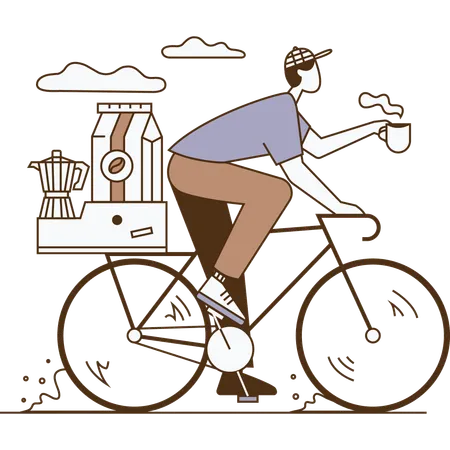 Un garçon livre du café chaud à vélo  Illustration