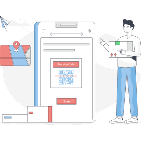 Un garçon livre un colis en scannant un code QR  Illustration