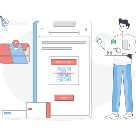 Un garçon livre un colis en scannant un code QR  Illustration