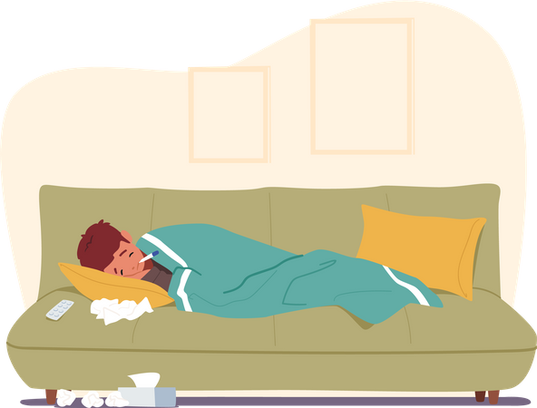 Un garçon malade dort sur un canapé à la maison  Illustration
