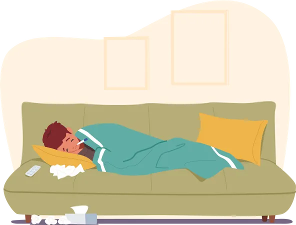 Un garçon malade dort sur un canapé à la maison  Illustration