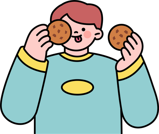 Le garçon mange des biscuits au chocolat  Illustration