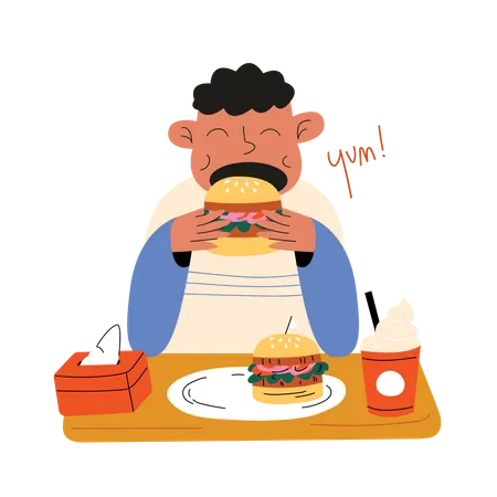 Le garçon mange un hamburger  Illustration