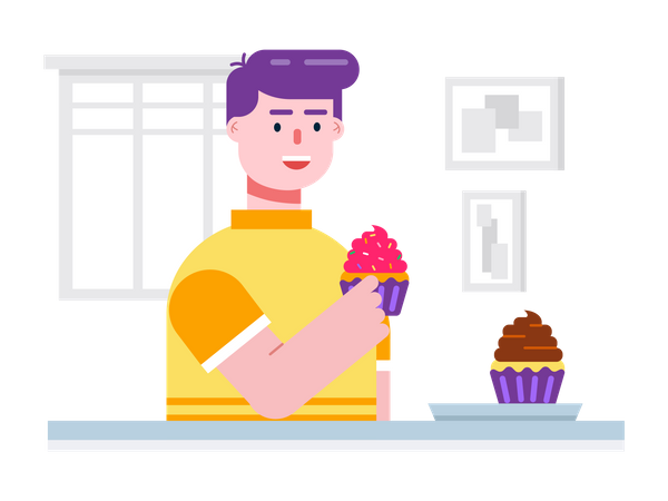 Garçon mangeant des cup cakes préparés par sa mère  Illustration
