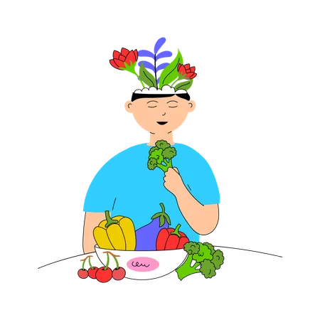 Un garçon mange des légumes pour sa santé mentale  Illustration