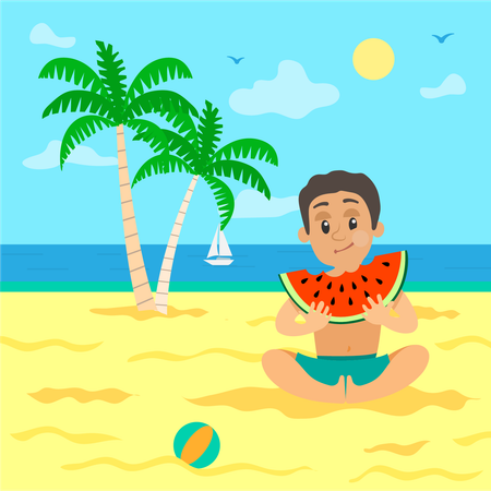 Garçon mangeant du melon sur la plage  Illustration