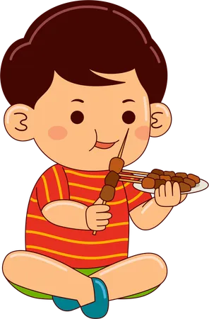 Garçon mangeant du satay  Illustration