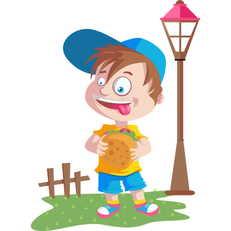 Garçon mangeant un hamburger dans le parc  Illustration