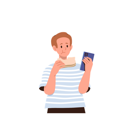 Garçon mangeant un sandwich regardant une vidéo sur un smartphone  Illustration