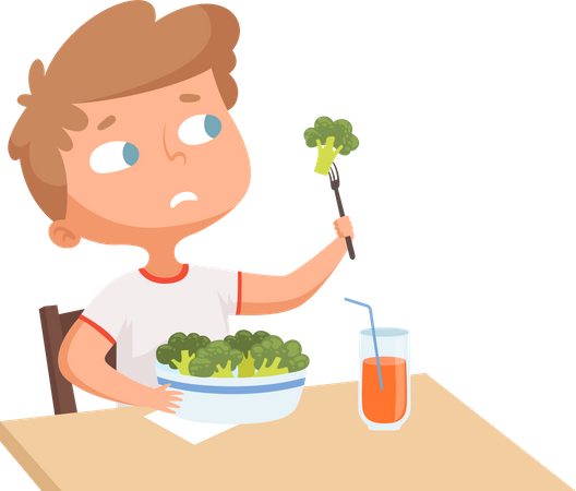 Garçon mangeant du brocoli sain  Illustration