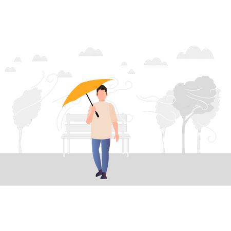 Garçon marchant avec un parapluie  Illustration