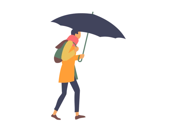 Garçon marchant avec un parapluie par temps pluvieux  Illustration