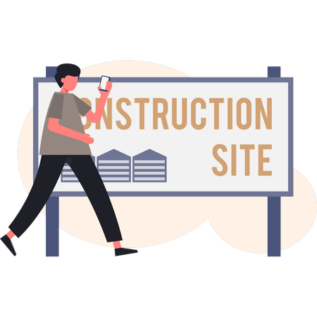 Garçon marchant près d'un chantier de construction  Illustration