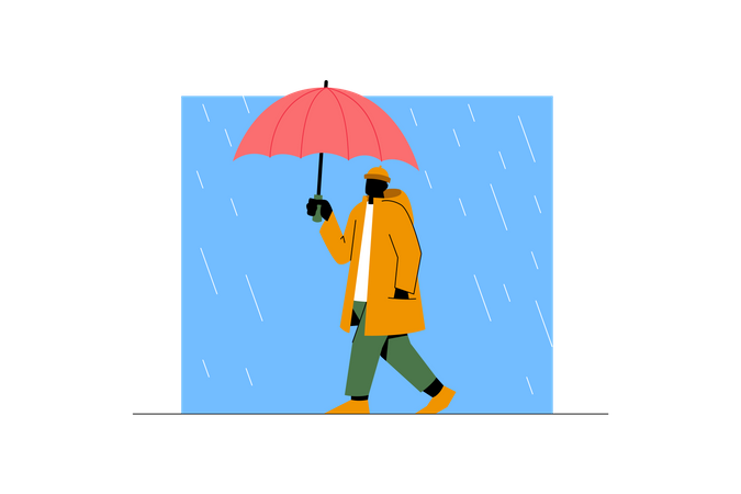 Garçon marchant sous la pluie  Illustration